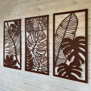 Monstera Wall Art Panels /Tropical Leaves Wall Art / Set of 3 Panels with Monstera Leaf / Botanical Living Room Decor / Large Wood Wall Art