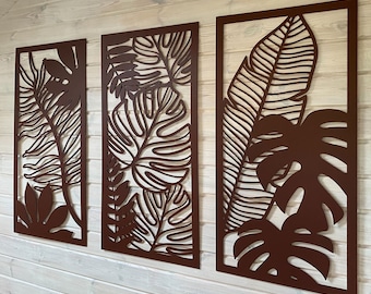 Monstera Wall Art Panels /Tropical Leaves Wall Art / Set of 3 Panels with Monstera Leaf / Botanical Living Room Decor / Large Wood Wall Art