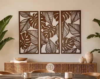 Monstera leaf wall art, Set of 3 Monstera wall decor, Wooden wall home decor