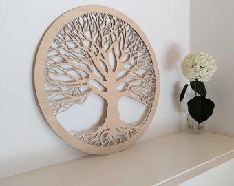 Tree of Life Wood Wall Decor / Family Tree Wall Art / Round Botanical Wall Hanging / Nature Inspired Wooden Wall Panel / Large Tree Wall Art