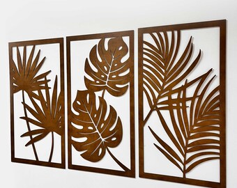 Monstera Wall Decor, Wooden Tropical Leaves Wall Art, Large Set of 3 Panels