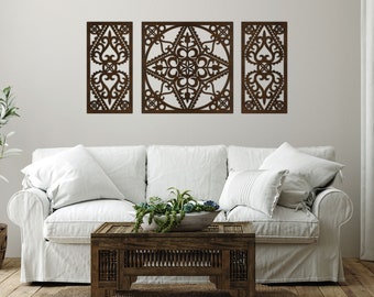 Set of 3 Wooden Wall Decor / Folk Wooden Wall Art / Rustic Living Room and Bedroom Wall Ornaments