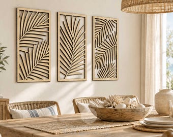 Palm Leaf Wall Art Set of 3, Wooden Botanical Wall Decor, Tropical Boho Decor, Coastal Wall Art, Wood Panels for Living Room