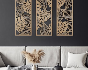 Set of 3 Monstera Wall Decor, Tropical Leaves Wooden Wall Art, Large Set of Wall Decor Panels