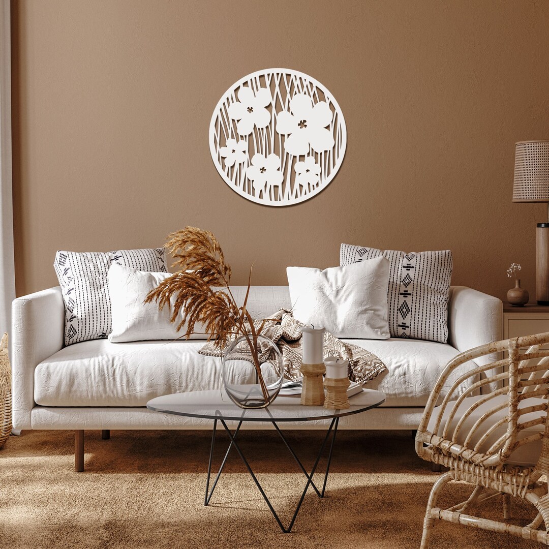 Wooden Wall Decor FLOWERS, Circle Wooden Wall Art, Botanical Wooden