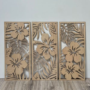 Conjunto de 3 flores de hibisco para decoração de parede, grandes folhas tropicais, arte de parede de madeira
