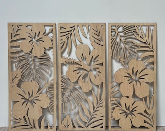 Set of 3 Hibiscus Flowers Wall Decor, Large Tropical Leaves Wooden Wall Art