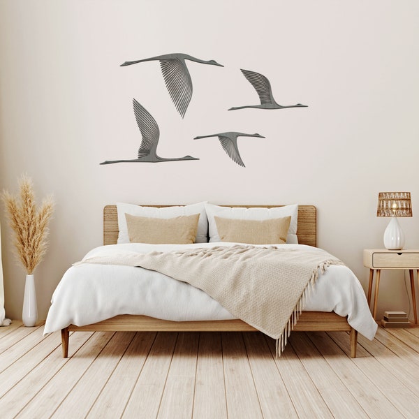Décoration murale en bois Volée d'oiseaux, 4 grues volantes pour mur du salon