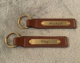 Premium Leather Keychain w/ Personalized Engraved Brass Nameplate