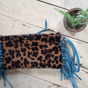Beautiful Leopard on Caramel Wristlet with Turquoise Fringe