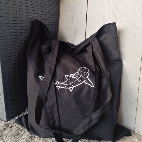 Whale Shark Embroidered Black Canvas Tote Bag