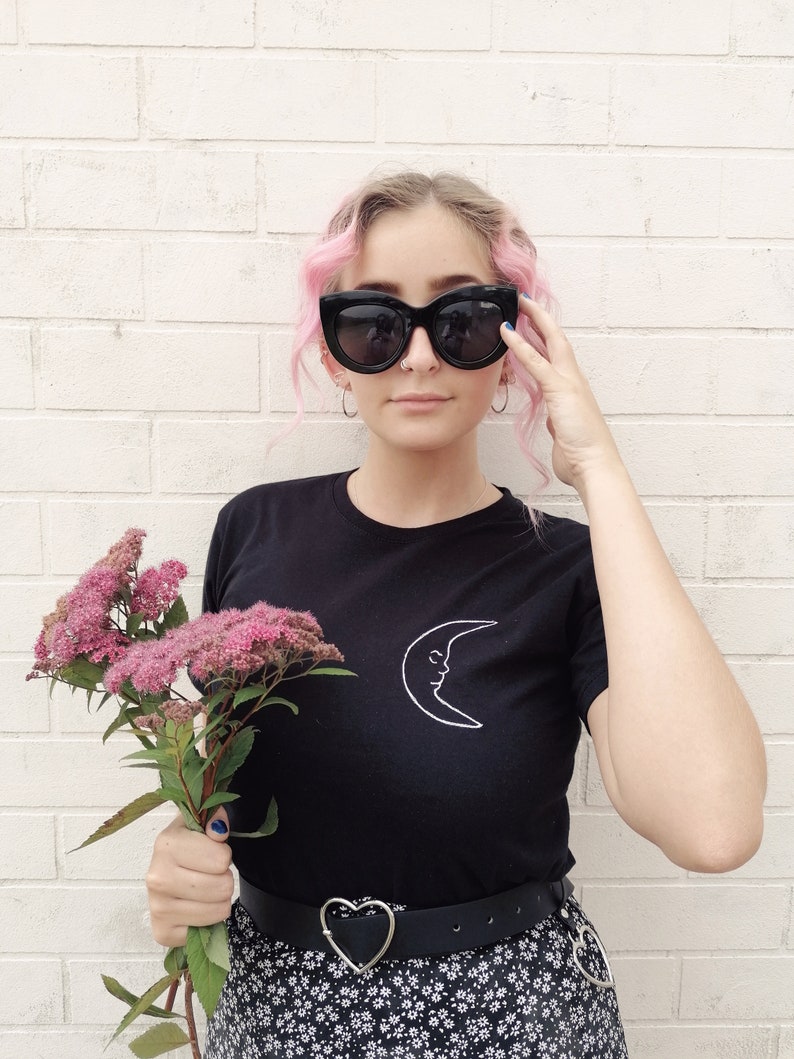 White Crescent Moon Embroidered Black T-shirt
