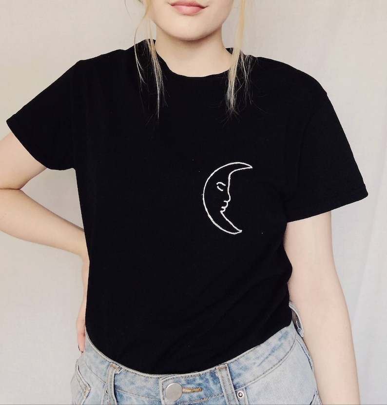 White Crescent Moon Embroidered Black T-shirt