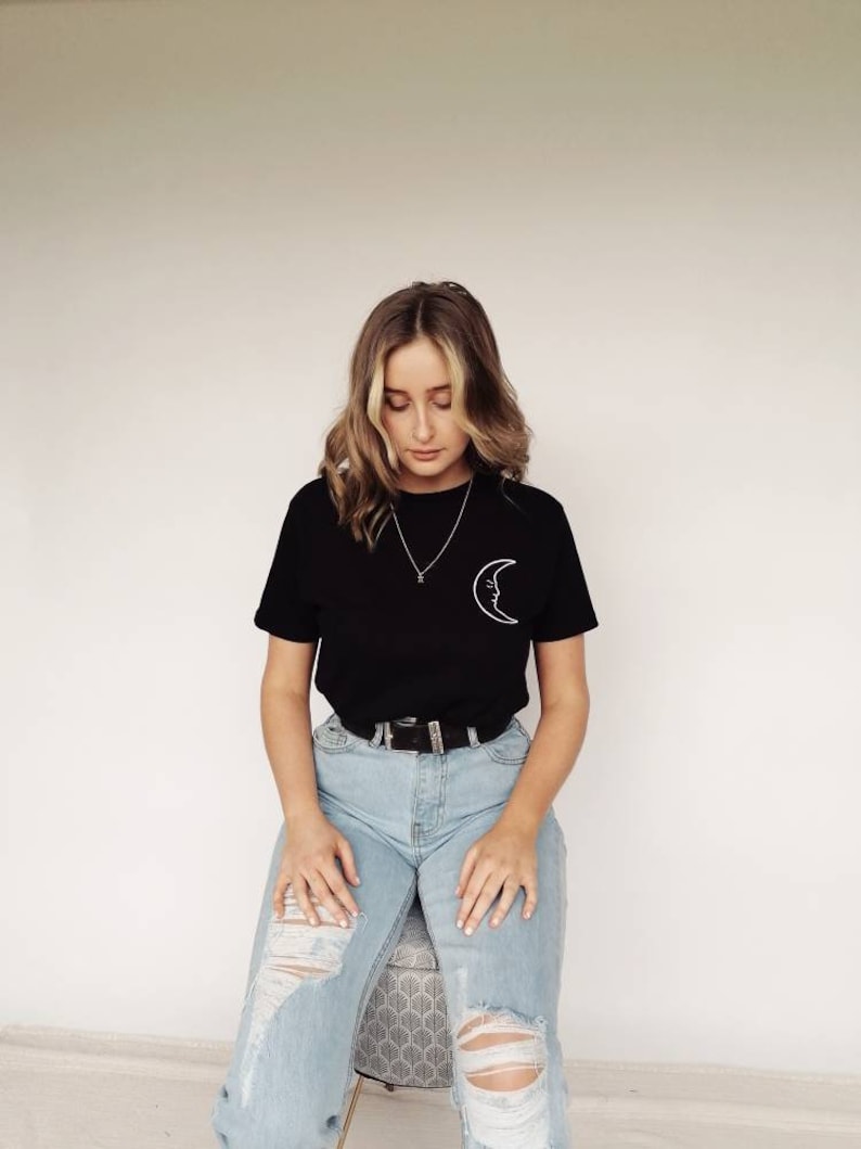 White Crescent Moon Embroidered Black T-shirt
