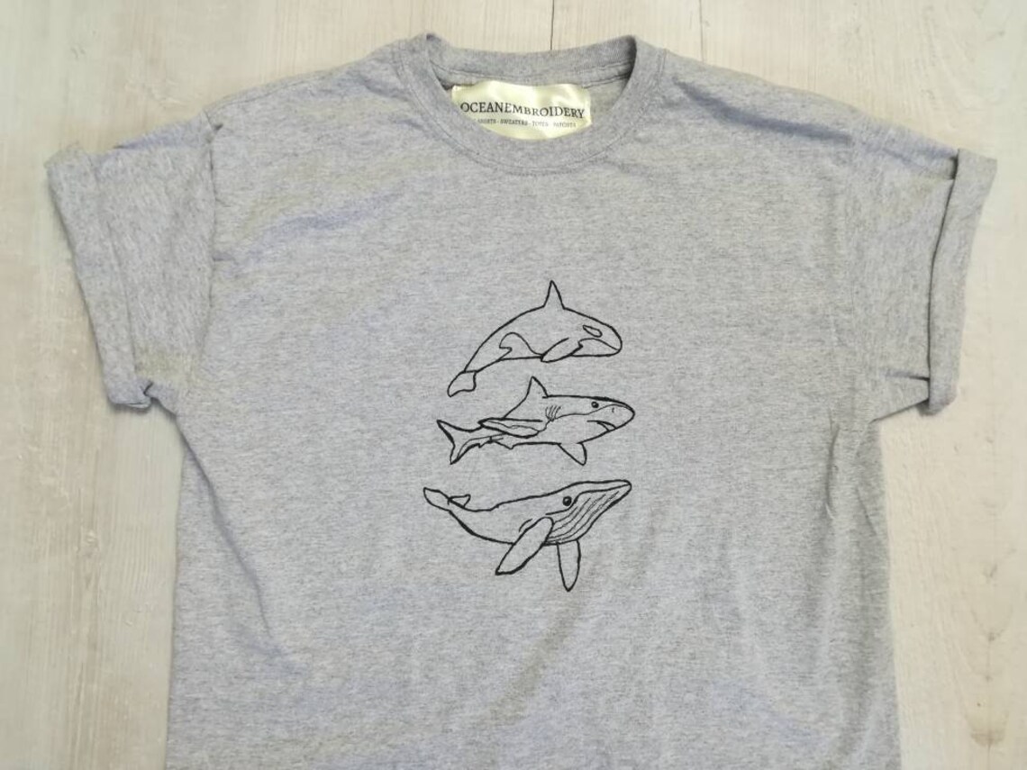 Whale Shark Orca Killer Whale Embroidered Grey Tshirt - Etsy UK