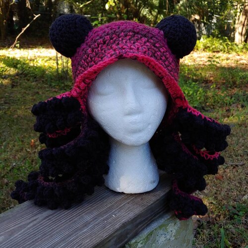Octopus Hat - Cherry swirl shops with 8 Curly black Tentacles