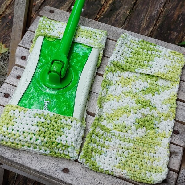 Dry or wet mop scrubbie - set of 2 - Green and white -  reusable mop cloth - cotton - READY TO SHIP