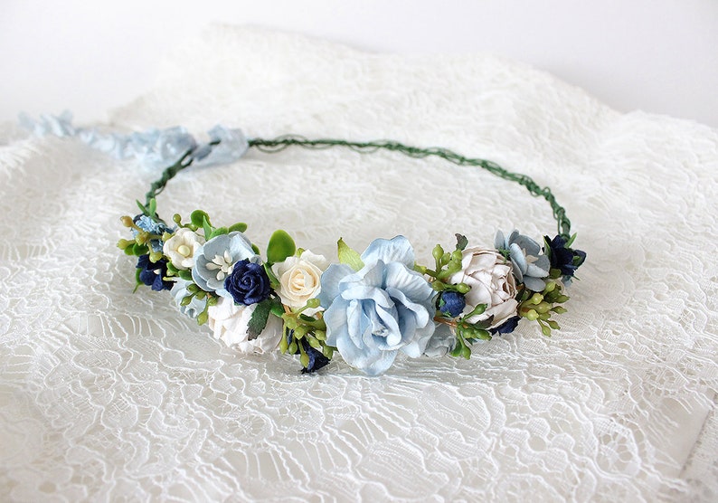 Blue wedding flower crown Flower headpiece Something blue Side flower crown Flower girl crown Bridal headpiece Paper flower crown