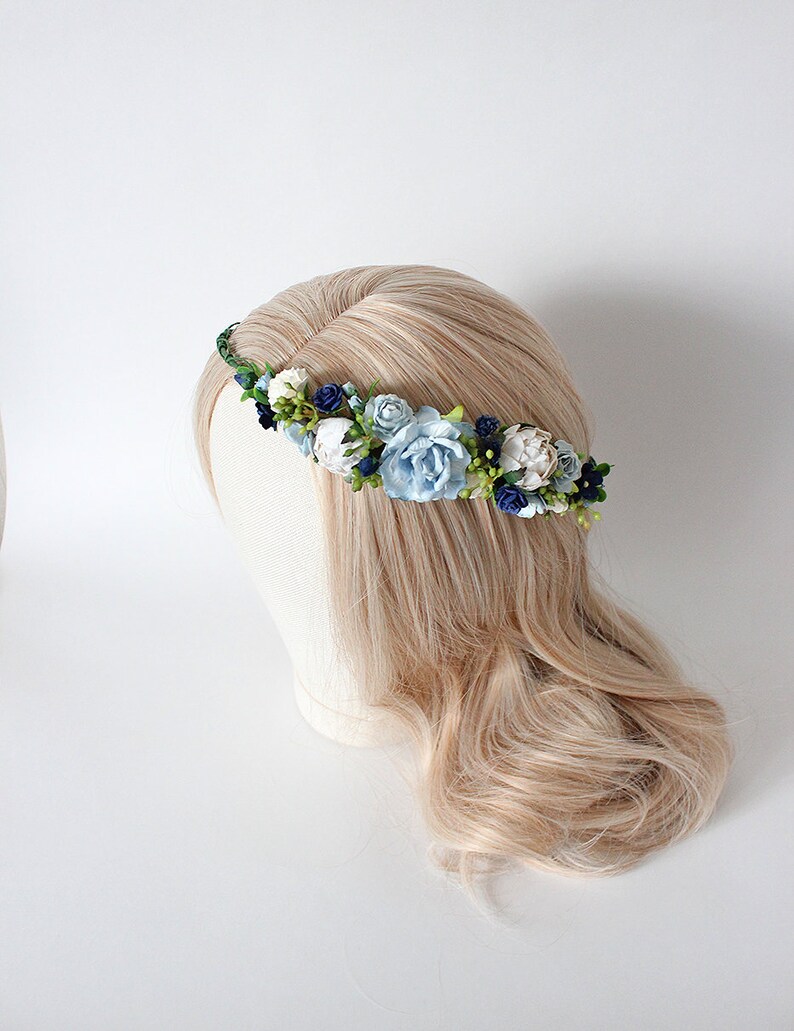 Blue wedding flower crown Flower headpiece Something blue Side flower crown Flower girl crown Bridal headpiece Paper flower crown