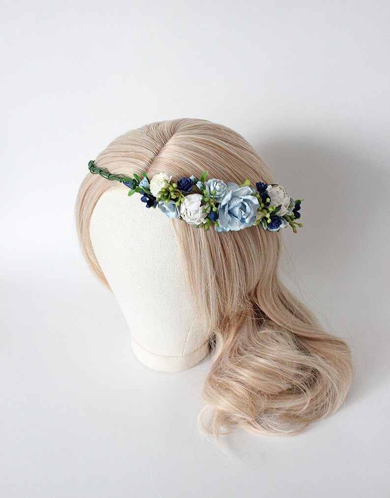 Blue wedding flower crown Flower headpiece Something blue Side flower crown Flower girl crown Bridal headpiece Paper flower crown