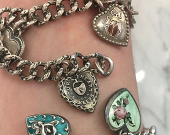 Victorian Lover’s Eye Sterling Enamel Heart Charm Bracelet with Beetle, Lock and Chains, “Daddy”