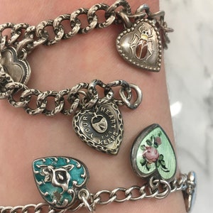 Victorian Lover’s Eye Sterling Enamel Heart Charm Bracelet with Beetle, Lock and Chains, “Daddy”