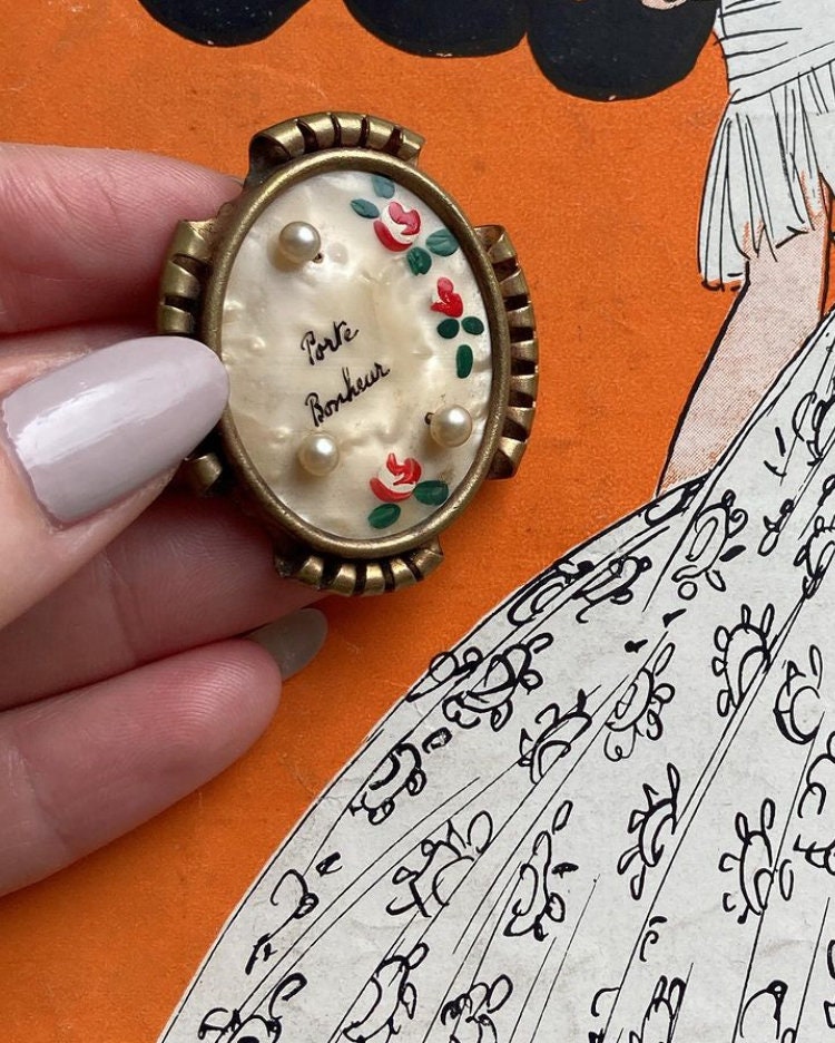 Antique French 1890s 1900 Porte Bonheur Handpainted Pearlescent