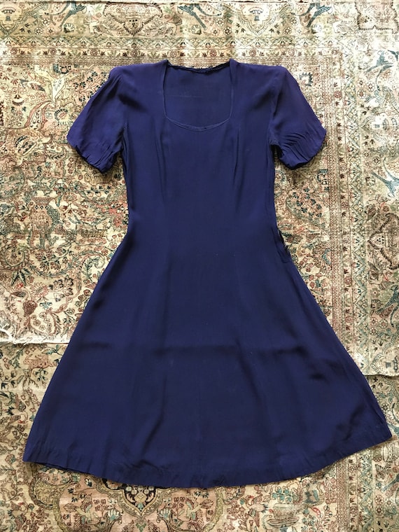 Vintage Early 1940s Midnight Rayon Dress with Side
