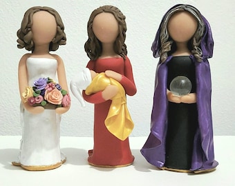 Custom Triple Goddess Figurine Set, Polymer Clay Maiden Mother Crone Statue, Pagan Home Decor