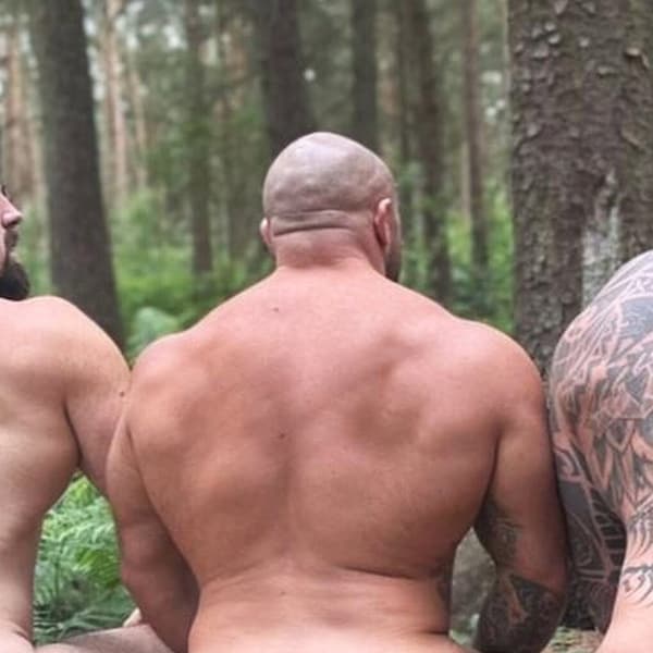 Matted NAKED Photograph (5X7) BT1019- 3 Beefy Hairy Daddy Bear Men from Behind - Tattoos - Nudist - Nude - Male Gay Interest