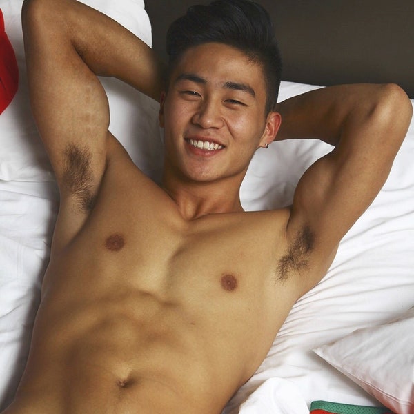 Matted NAKED Photograph (5X7) A200 - Beautiful Smiling Asian with Great Abs - Full Frontal - Nude - Nudist - LGBTQ Male Gay Interest