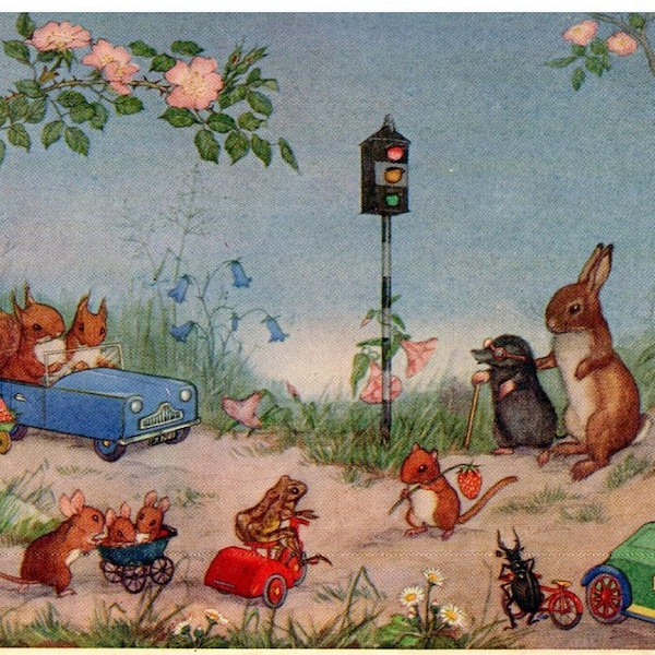 Vintage Molly Brett Postcard - At The Traffic Lights - Dressed Animals (Anthropomorphic)