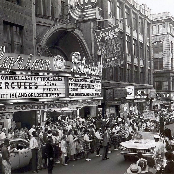 Matted Photograph (8x10) - PILGRIM Theater -  1958 Premiere HERCULES Film - Steve Reeves, Boston, MA Massachusetts, Crowds