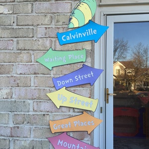 Whimsical Party Welcome Sign Template - Bright Multi Colored Direction Arrows Hot Air Balloon - Baby Shower, Birthday, Graduation - Digital
