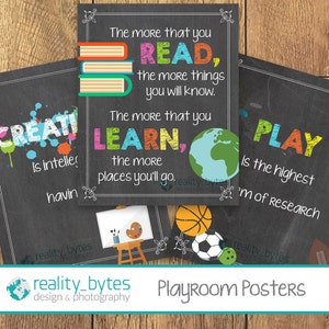 Read, Play, Create - Spielzimmer Dekoration, Klassenzimmer Poster, Kreidetafel Wand Display, Dr. Seuss Zitat Wandkunst (3er Set)