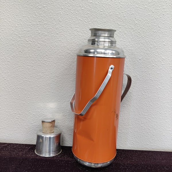 Vintage Aluminum Picnic Thermos Rustic Orange Color with all Original Pieces / 15 in Thermo Metal / Rare Unique Vintage Style Metal Thermos