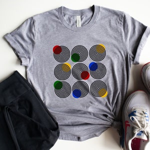 Unisex minimalist geometric tshirt,90s abstract,retro design,black and red,modern streetwear,designer tshirt,simple design,colorful dots