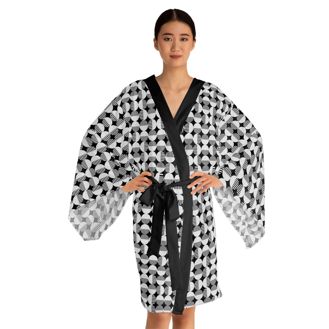 Long Sleeve Kimono Robe Black and White Kimono Geometric Etsy