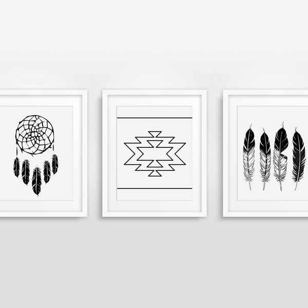 Dreamcatcher, Feathers, Navajo Symbol, INSTANT DOWNLOAD, Modern Home Decor, Black White, Housewarming Gift, Native Poster, Printable, Sign