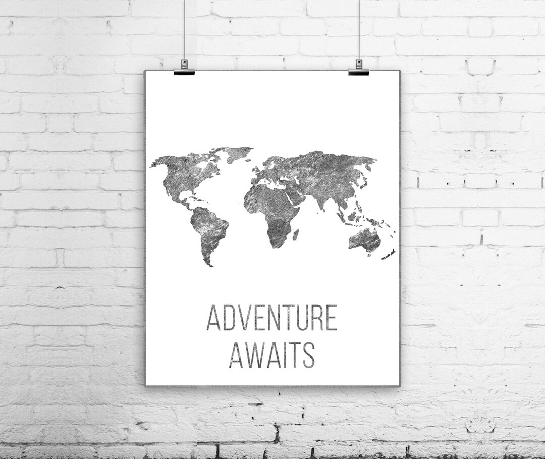 Adventure Awaits, Black and White Poster, World Map Print, Travel