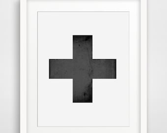 Swiss cross, Printable Art, Plus Sign, Scandinavian Art, Modern Home Decor, Minimalist Poster, Wall Decor, Large Print, Black and White