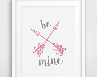 Be Mine Valentine, Coral Grey Typography Print, Valentines Gift, Printable, Coral Home Decor, Pink Grey, Valentines Day Sign, I Love You