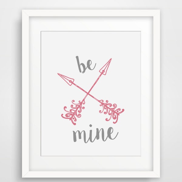 Be Mine Valentine, Coral Grey Typography Print, Valentines Gift, Printable, Coral Home Decor, Pink Grey, Valentines Day Sign, I Love You