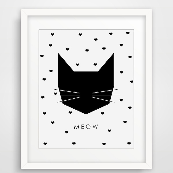 Meow Poster, Kitty Print, Geometric Art, Modern Home Decor, Nursery Print, Printable Art, Heart Print, Cat Print, Cat Love,  Nursery rt