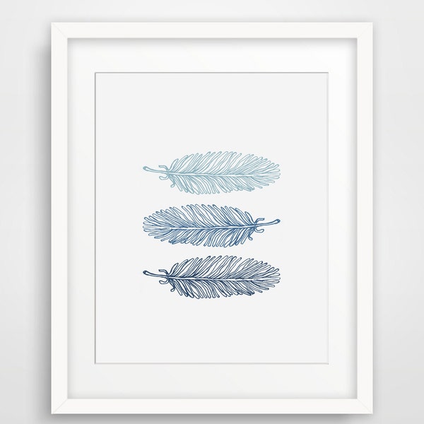 3 Feathers, Navy Blue, Modern Home Decor, Printable Wall Art, Blue Navy Decor, Digital, Nursery Decor, Large Poster, Light Dark Blue