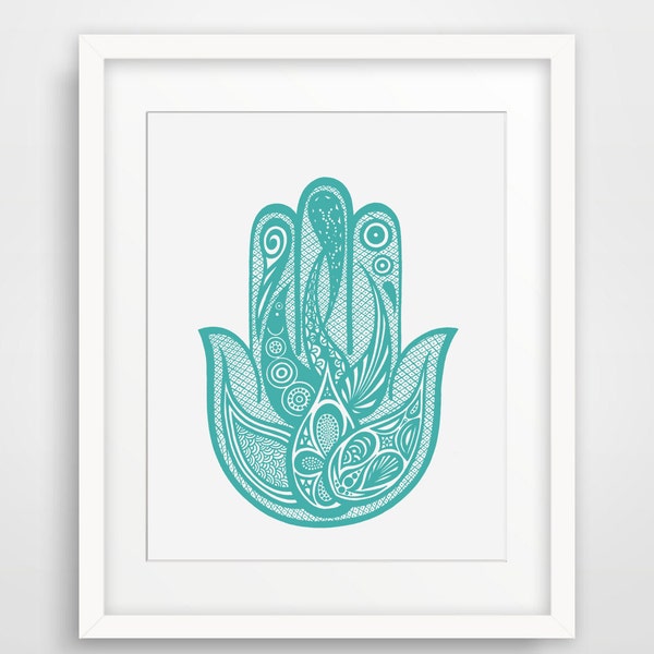 Hamsa Hand Print, Modern Amulet Art,Blue, Teal Colors, White, Handdrawn, Illustration, Home Decor, Zen, Meditation, Pray, White Mint