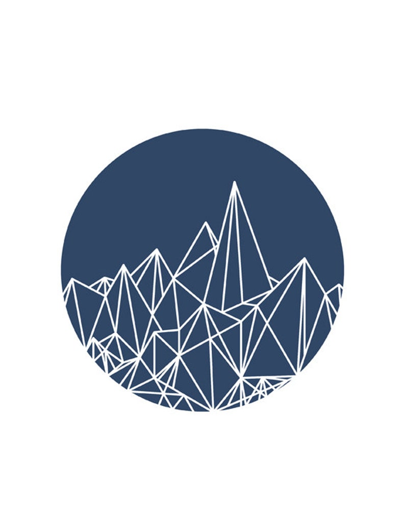 Geometric Art, Abstract Mountains, Navy Blue and White Modern Home