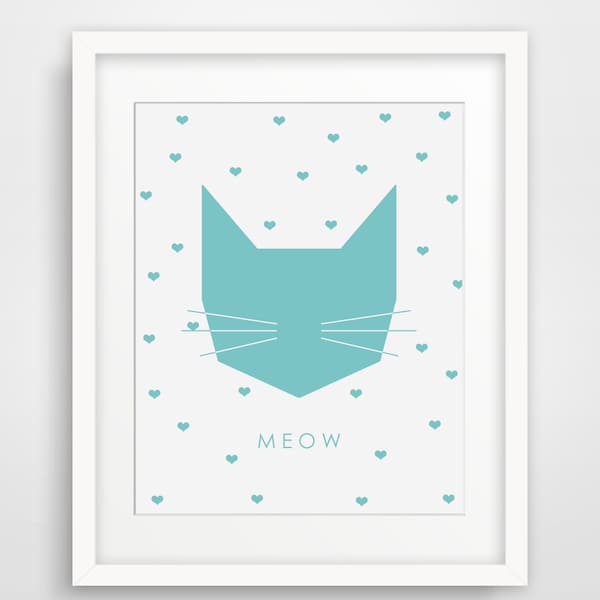 Meow Poster, Kitty Print, Turquoise Geometric Art, Modern Home Decor, Nursery Print, Printable Art, Heart Print, Cat Print, Blue Nursery Art