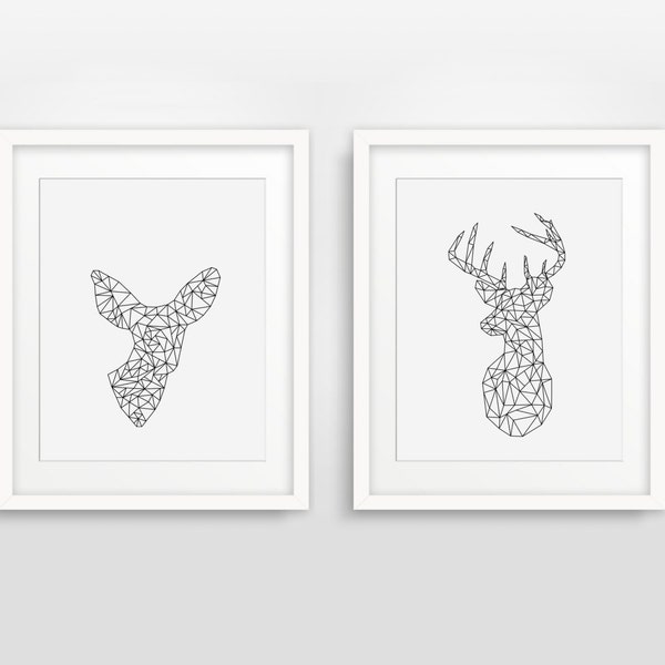Deer and Doe Geometric Prints, Origami Modern Home Decor, Black White, Young Couple in Love Gift, Scandinavian Poster, Poster, Diamond
