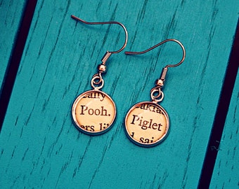 Winnie the Pooh book page earrings. Vintage recycled book. Pooh, Piglet, Tigger, Eeyore. Mothers Day Gift. Gift for Mum. Wedding Bridesmaid